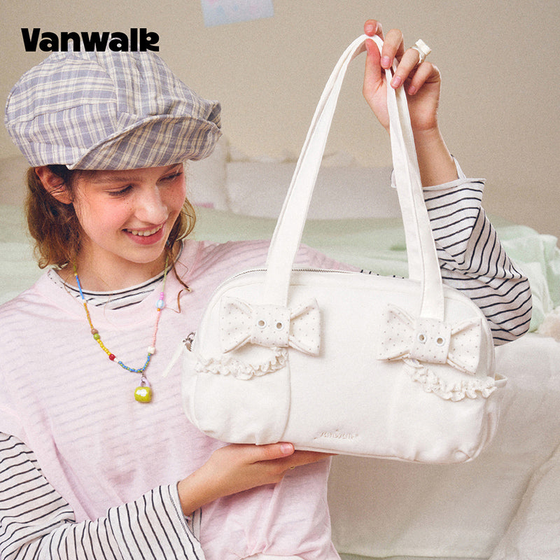 VANWALK Cocoa Pie-serien, bowler-taske i blødt kanvas med dobbelt sløjfedesign og skulderrem, V3110