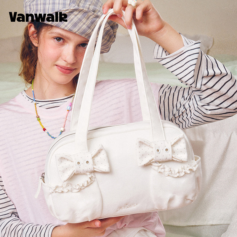 VANWALK Cocoa Pie-serien, bowler-taske i blødt kanvas med dobbelt sløjfedesign og skulderrem, V3110