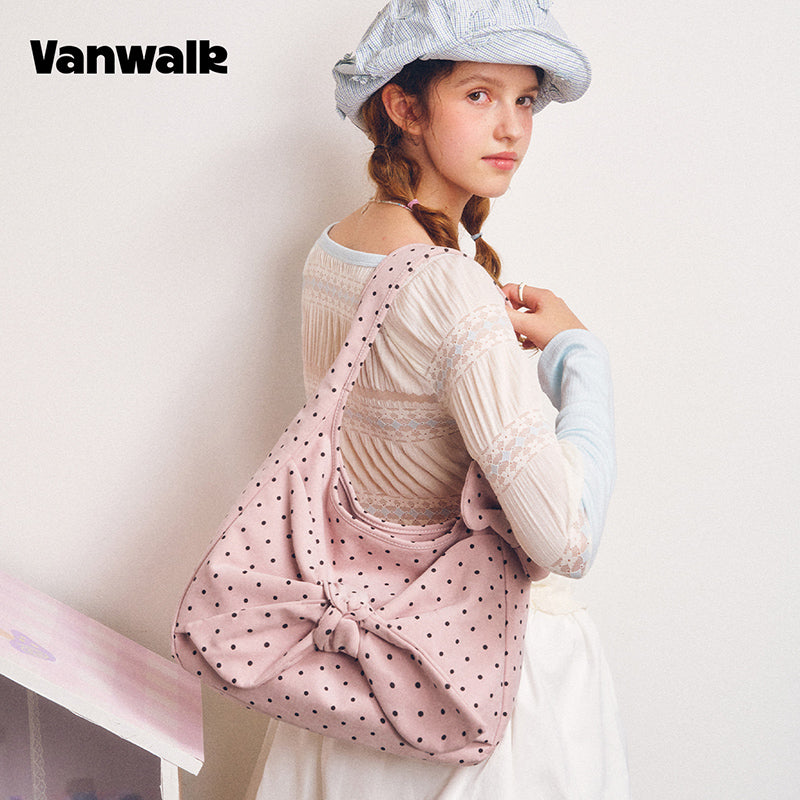 VANWALK Cocoa Pie-serien Coquette-skuldertaske i hobo-model med stor sløjfe og prikker V3107