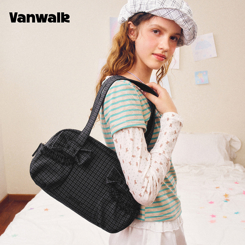 VANWALK Cocoa Pie-serien, bowler-taske i blødt kanvas med dobbelt sløjfedesign og skulderrem, V3110
