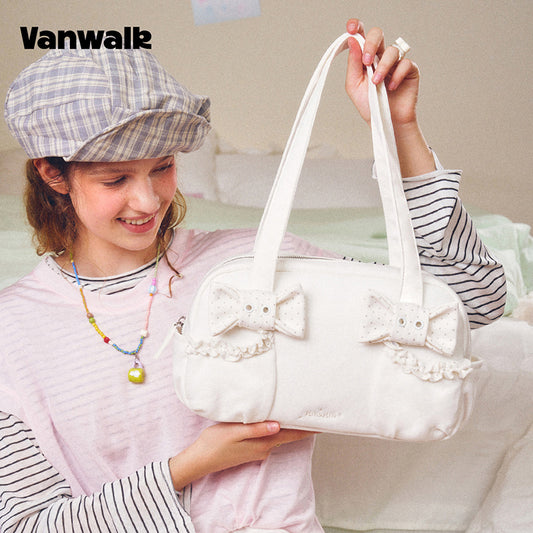 VANWALK Cocoa Pie-serien, bowler-taske i blødt kanvas med dobbelt sløjfedesign og skulderrem, V3110