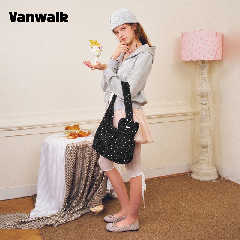 VANWALK Cocoa Pie-serien Coquette-skuldertaske i hobo-model med stor sløjfe og prikker V3107
