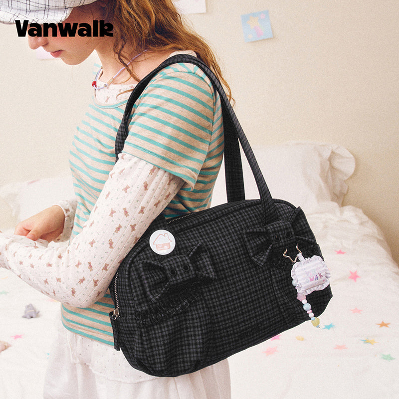 VANWALK Cocoa Pie-serien, bowler-taske i blødt kanvas med dobbelt sløjfedesign og skulderrem, V3110