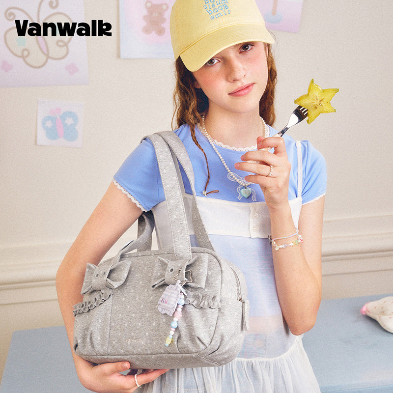 VANWALK Cocoa Pie-serien, bowler-taske i blødt kanvas med dobbelt sløjfedesign og skulderrem, V3110